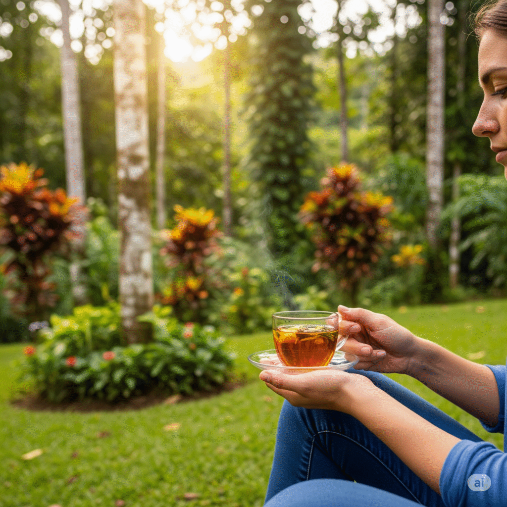 Drinking Costa Rican herbal tea in a tropical setting