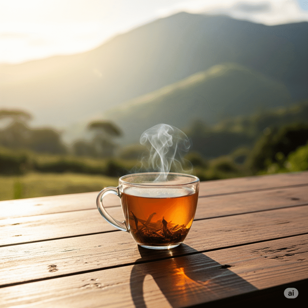 Steaming Costa Rican tea on a wooden table with a mountain view, symbolizing a peaceful morning routine.