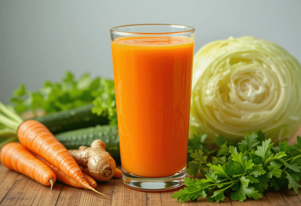 Step-by-step preparation of carrot juice, showing chopped vegetables, juicing process, and blending with straining