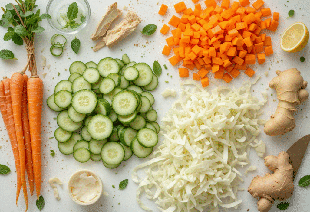 Step-by-step preparation of carrot juice, showing chopped vegetables, juicing process, and blending with straining