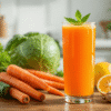 Glass of fresh carrot juice with mint garnish, surrounded by carrots, cucumber, cabbage, ginger, and lemon on a wooden table.