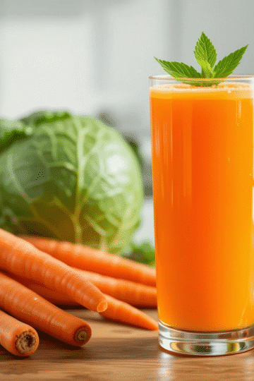 Glass of fresh carrot juice with mint garnish, surrounded by carrots, cucumber, cabbage, ginger, and lemon on a wooden table.
