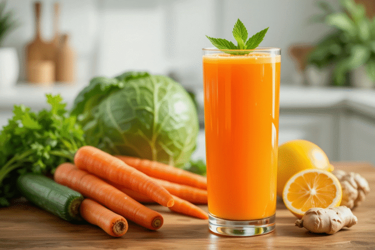Glass of fresh carrot juice with mint garnish, surrounded by carrots, cucumber, cabbage, ginger, and lemon on a wooden table.