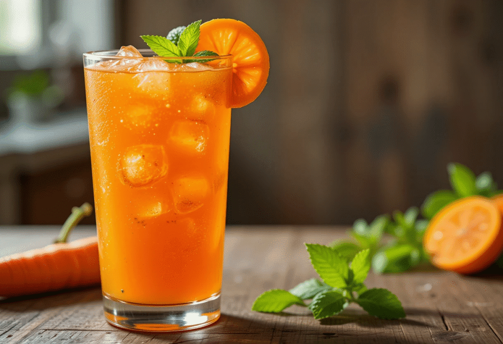Chilled glass of carrot juice with ice, garnished with mint and a carrot slice, on a rustic kitchen counter