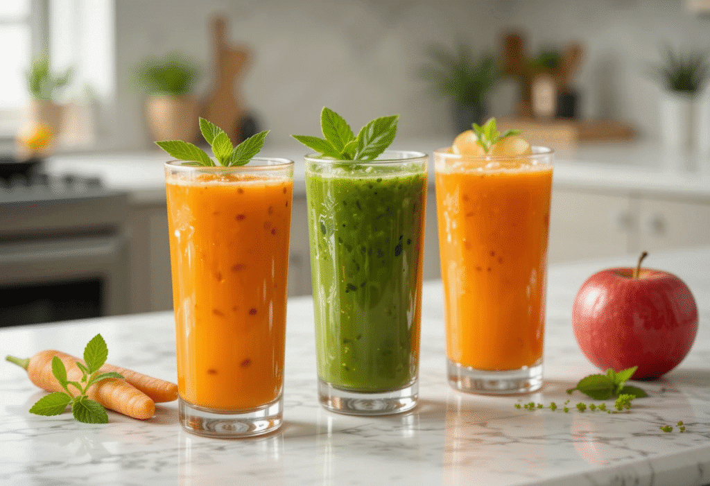 Three glasses of carrot juice variations (classic, spinach, apple) with garnishes on a marble countertop