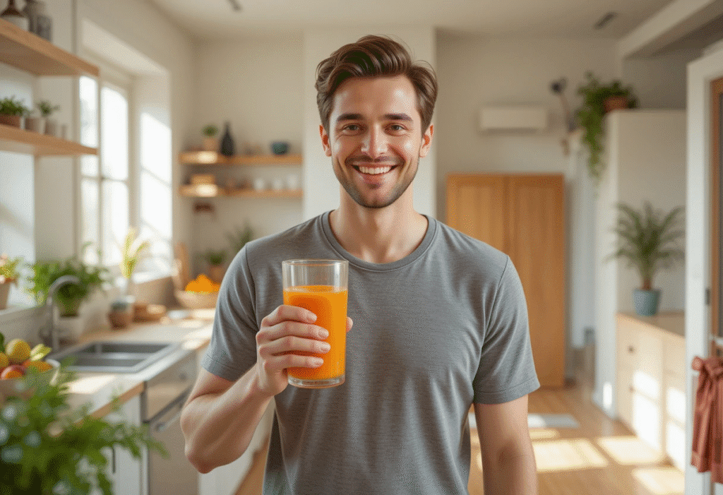 Person holding a glass of carrot juice in a bright kitchen with healthy lifestyle elements like fruits and a yoga mat