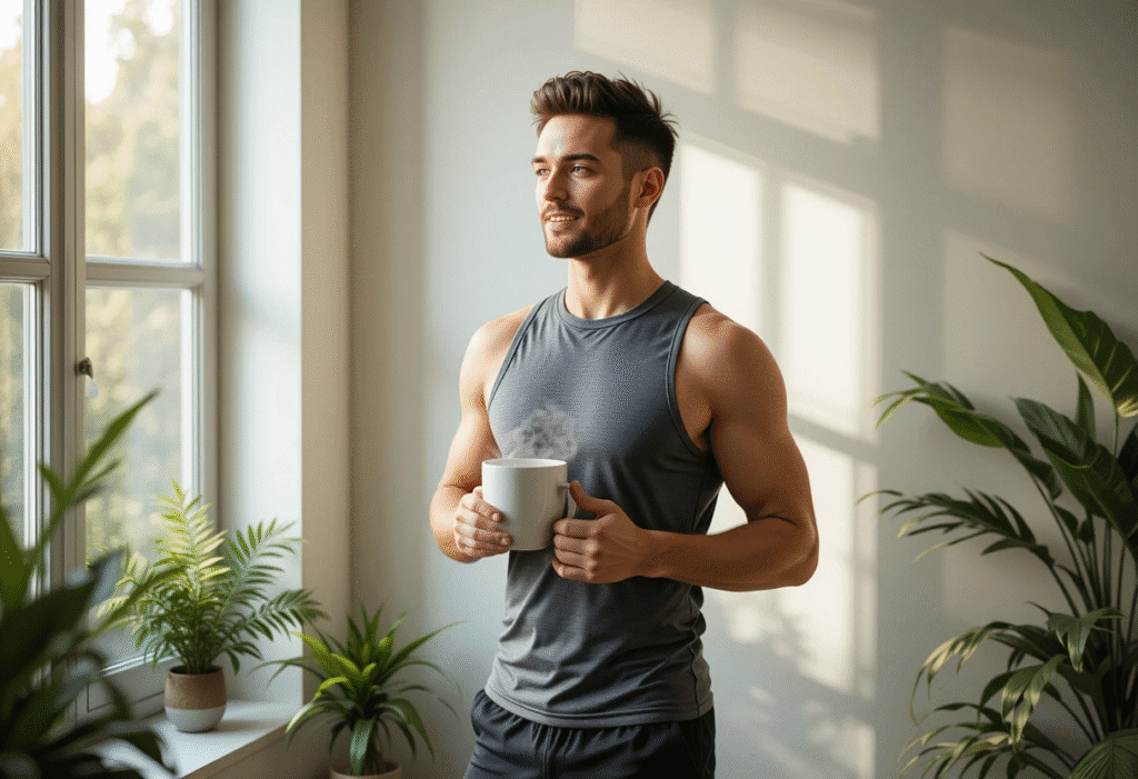 Man in activewear holding a steaming mug of coffee near a window, suggesting morning wellness and weight loss habits.