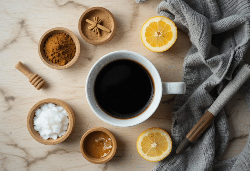 Ingredients for weight loss coffee recipe including coffee, cinnamon, coconut oil, lemon, and honey on a clean beige background.