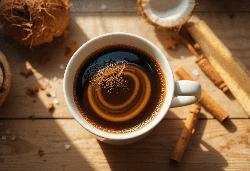 Black coffee with cinnamon and coconut oil in a ceramic mug on a rustic kitchen table, morning light streaming in.