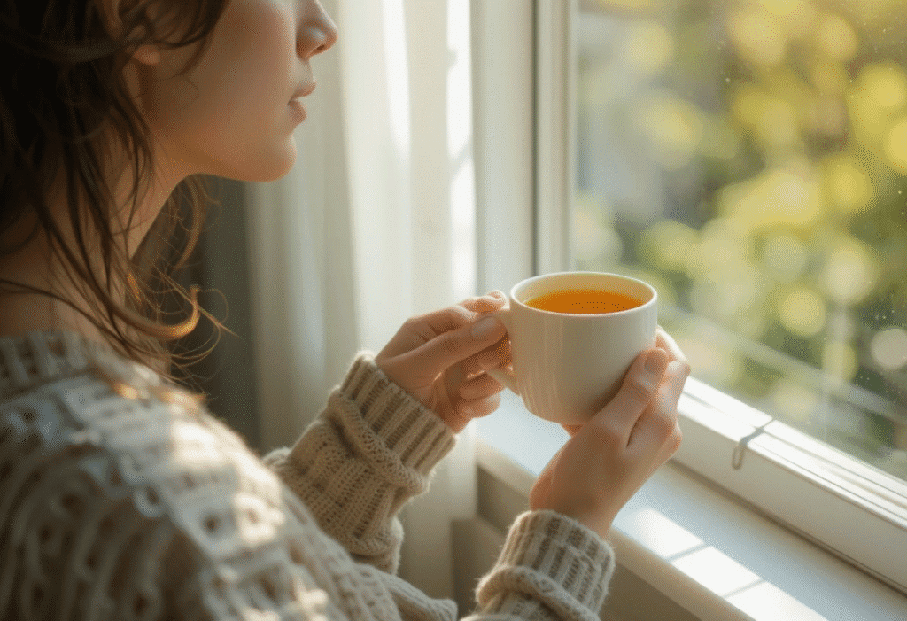 Woman drinking turmeric tea for weight loss in morning - healthy daily routine for fat burning and metabolism boost