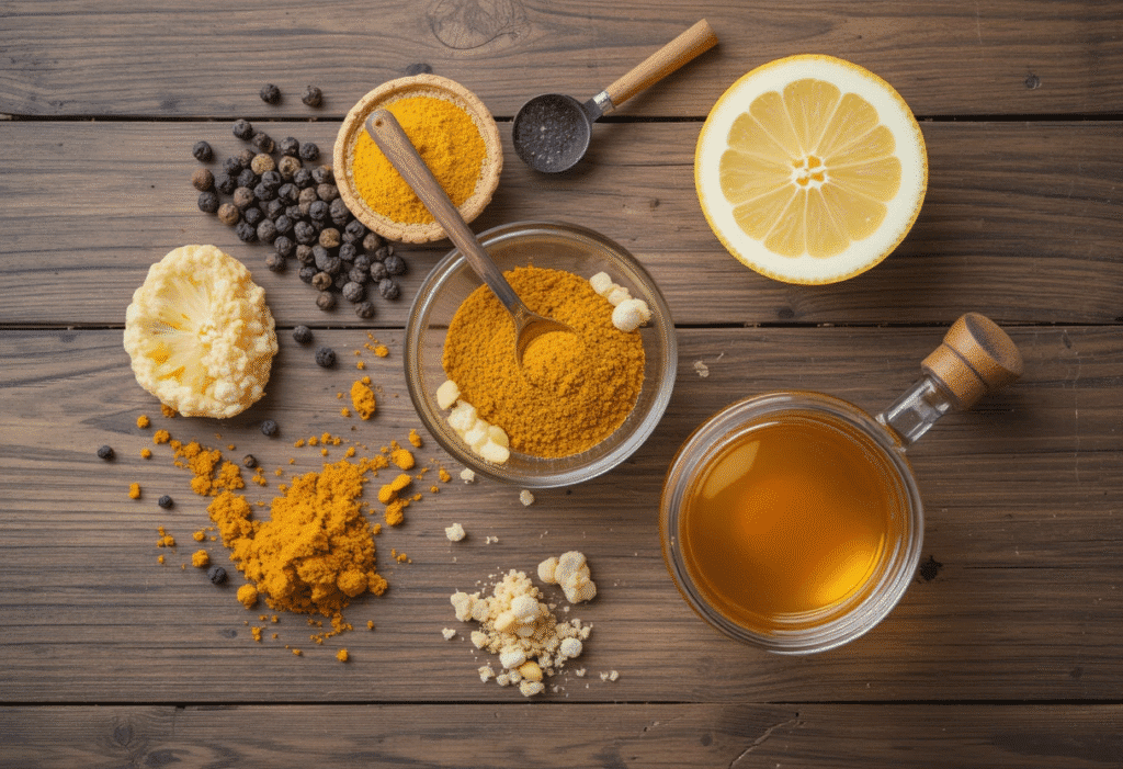 Essential ingredients for turmeric tea weight loss recipe - organic turmeric powder, black pepper, honey and fresh lemon